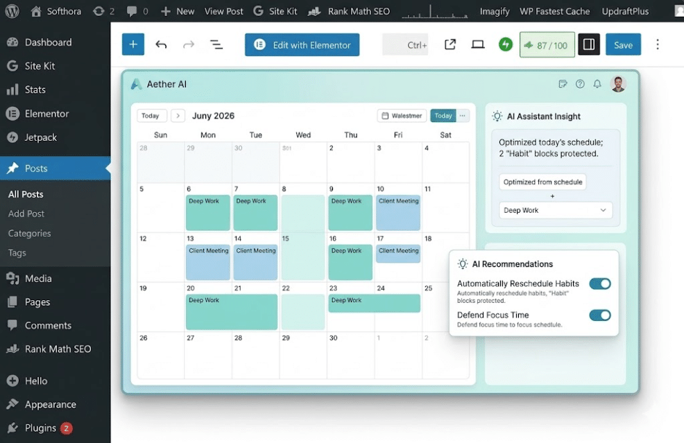 AI scheduling dashboard showing focus time and habits 2026