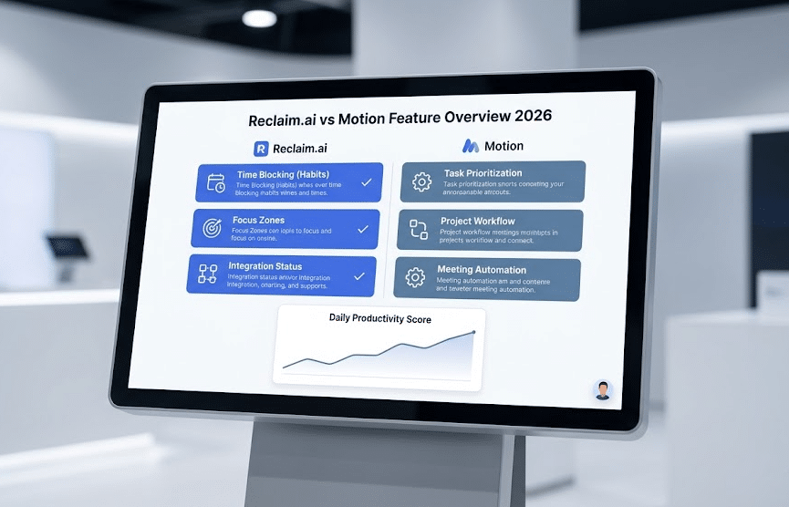Reclaim.ai vs Motion feature comparison chart for 2026 showing productivity scores and task tracking.