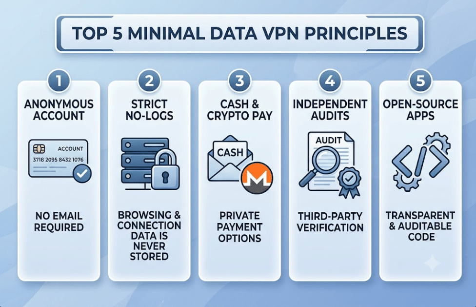 Infographic showcasing the top 5 minimal data VPN principles including anonymous accounts, strict no-logs, cash and crypto pay, independent audits, and open-source apps.