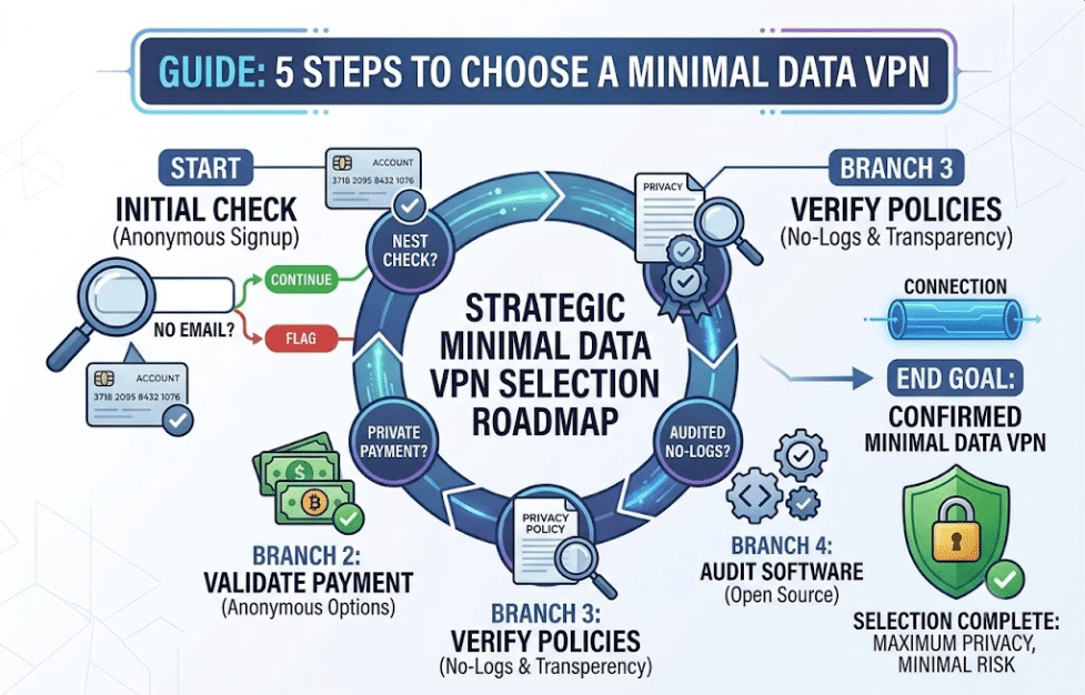 Infographic blueprint showing a 5-step strategic selection roadmap to choose a minimal data VPN for maximum privacy.