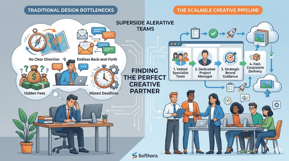 A comparison infographic detailing traditional design bottlenecks versus a scalable creative pipeline for Superside alternatives.