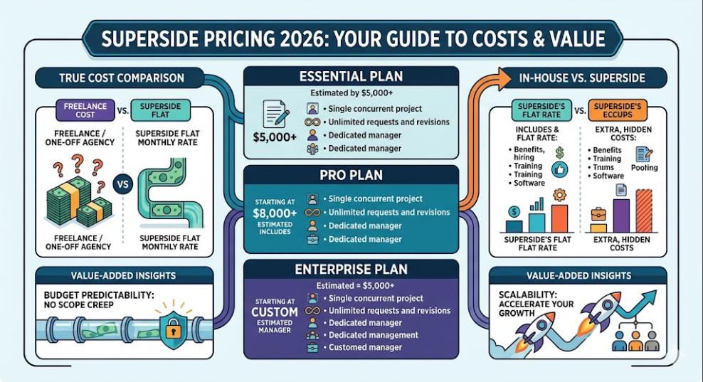 Infographic chart detailing Superside pricing tiers and subscription options for graphic design and creative teams.