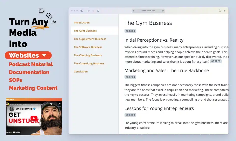 YouTube video transcription tool interface with text generation and editing features