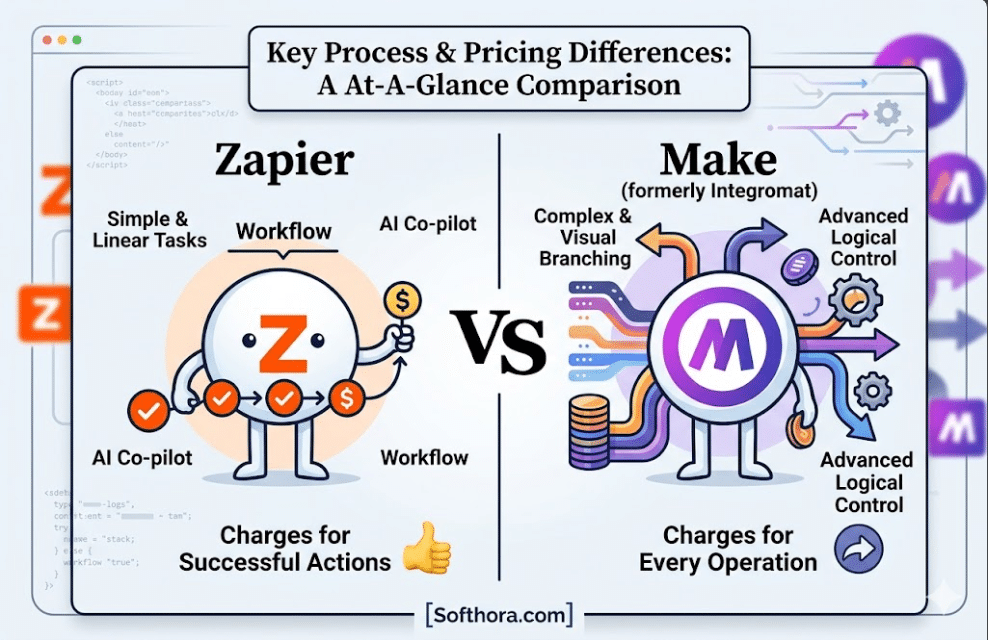 comparison showdown between Zapier and Make showing different automation workflows