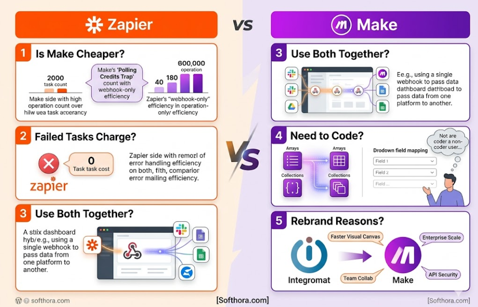 Infographic breaking down Zapier vs Make FAQ comparison for automat