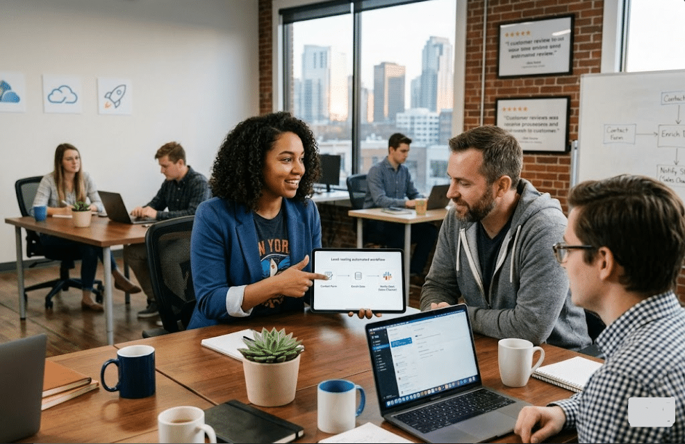 A diverse team of entrepreneurs collaborates on new automated workflows for their SaaS business around a large desk.