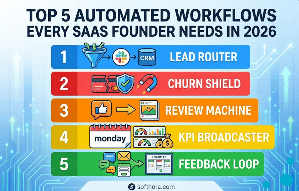Infographic listing the top 5 automated workflows for SaaS founders in 2026 including lead routing and churn shield.