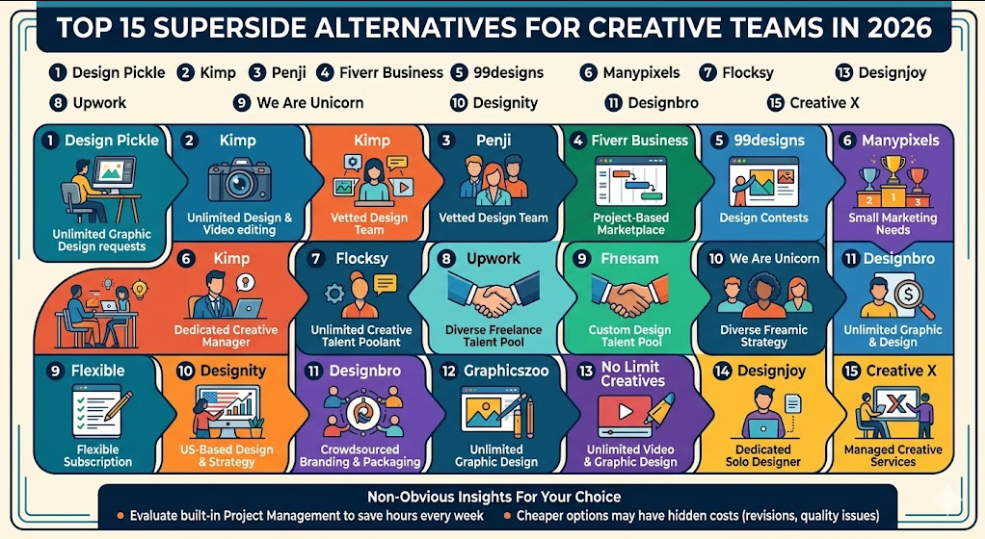 Comparison chart of the best Superside alternatives for creative teams, featuring unlimited graphic design and video subscription platforms.