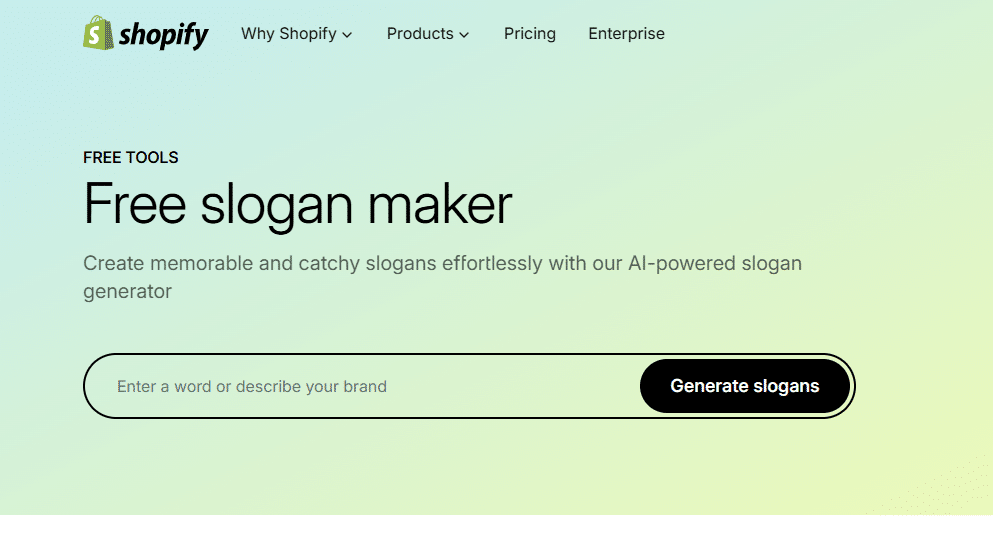 Shopify free slogan maker tool interface dashboard with a search bar and a black generate slogans button.
