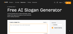 Ahrefs AI slogan generator interface featuring a dark background with prominent white headline text.
