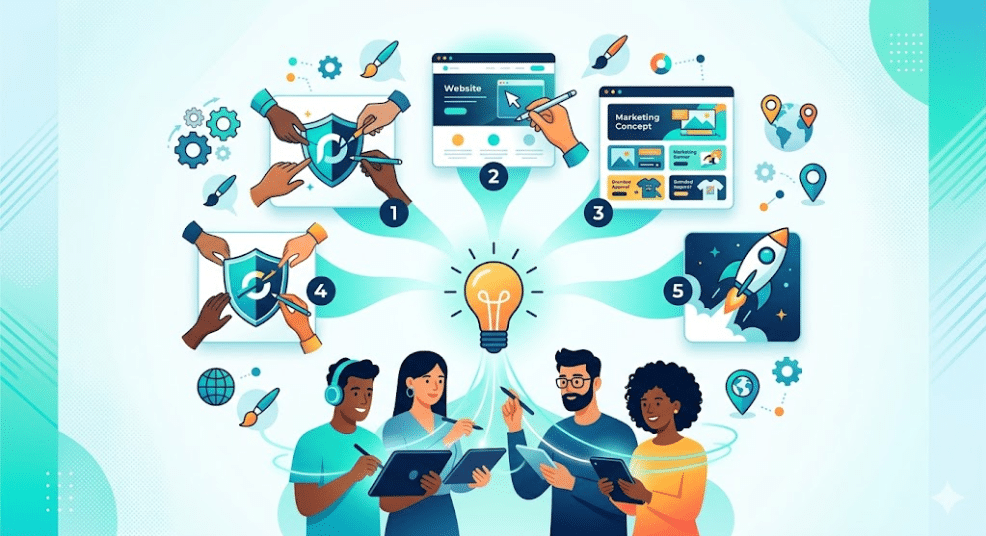A clean, modern digital workspace banner showcasing diverse global creators collaborating online on graphic design projects.
