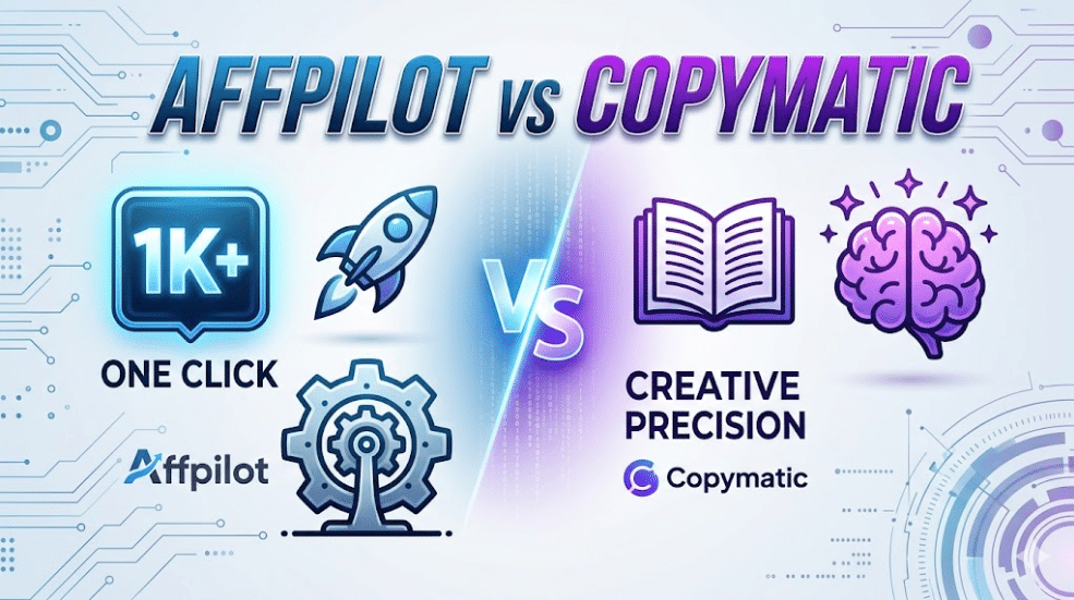 Affpilot vs Copymatic comparison banner for automated AI blogging