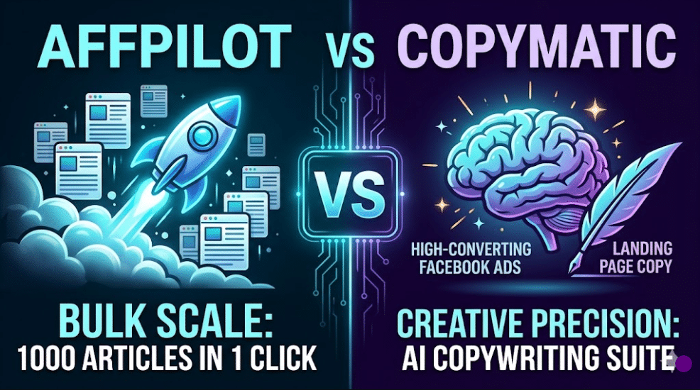 Affpilot vs Copymatic comparison banner for automated AI blogging