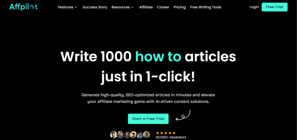 Affpilot dashboard user interface showing bulk article generation settings