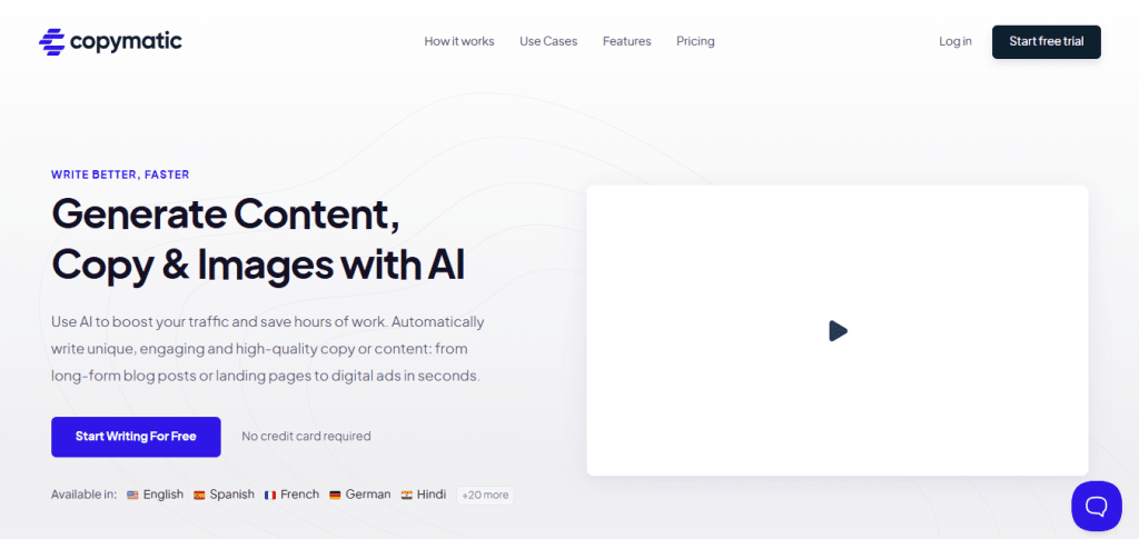 Copymatic dashboard user interface displaying AI copywriting and content generation tools