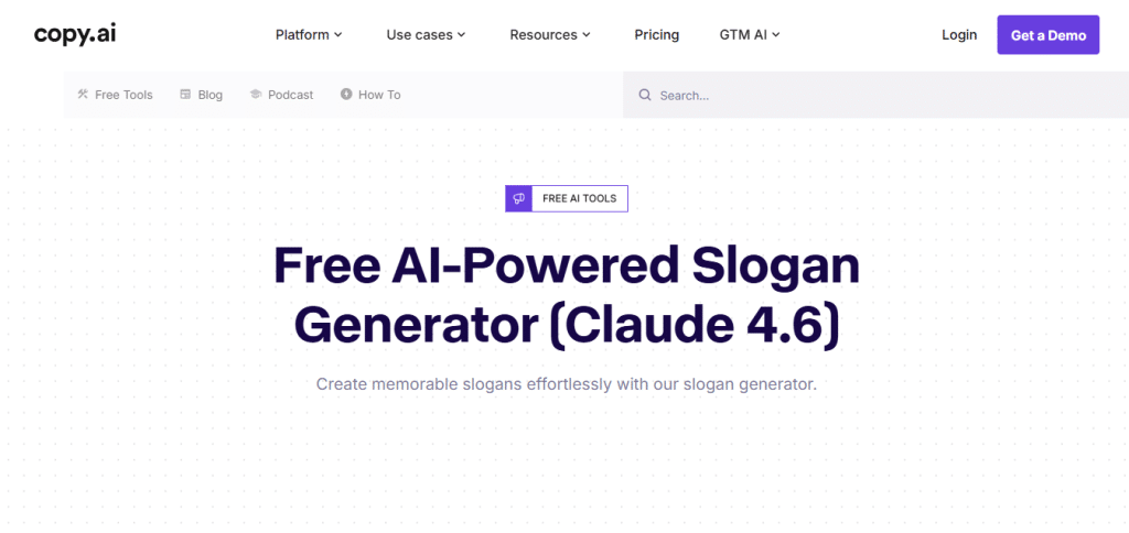 Screenshot of the Copy.ai free AI-powered slogan generator interface used as an alternative to Sloganizer AI