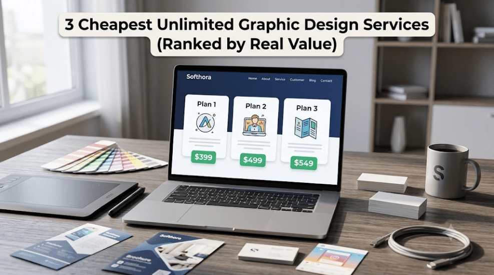 3 Cheapest Unlimited Graphic Design Services compared on a laptop screen with flat rate pricing plans for Softhora