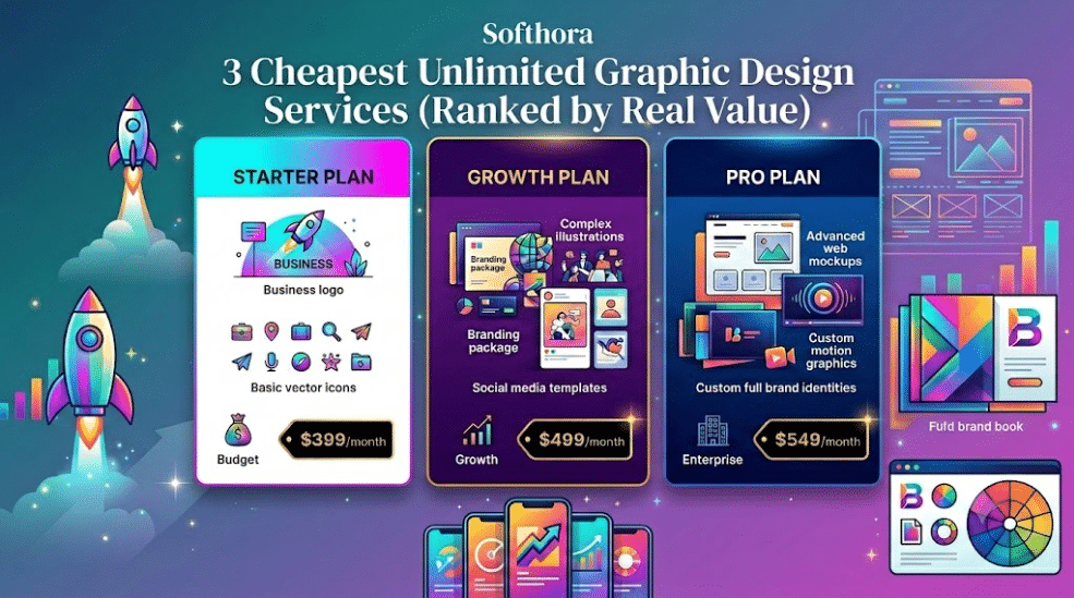 Infographic vector graphic comparing three affordable unlimited graphic design plans on a clean teal and purple gradient background