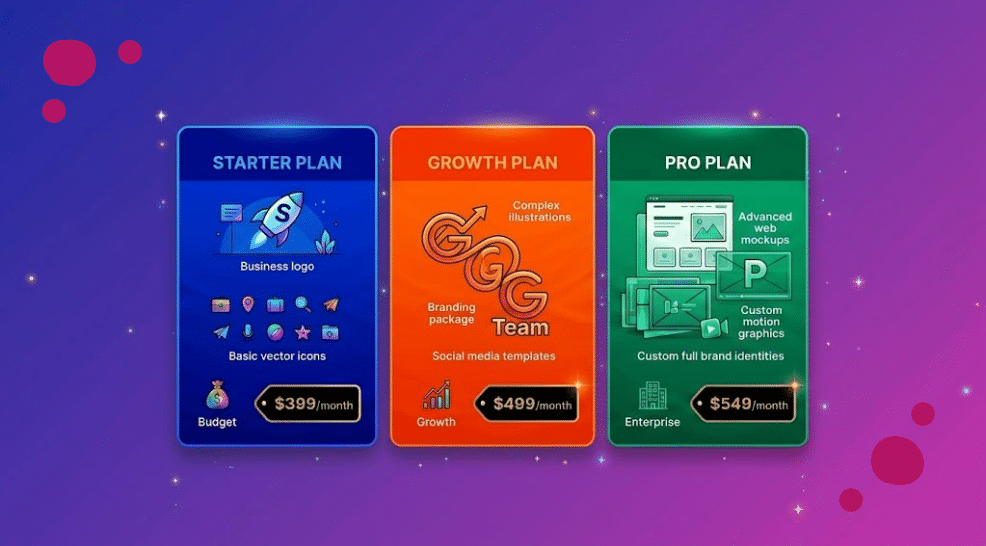 Flat-lay vector infographic comparing the unique features of 3 cheapest unlimited graphic design service options on an isometric orange, blue, and green layout