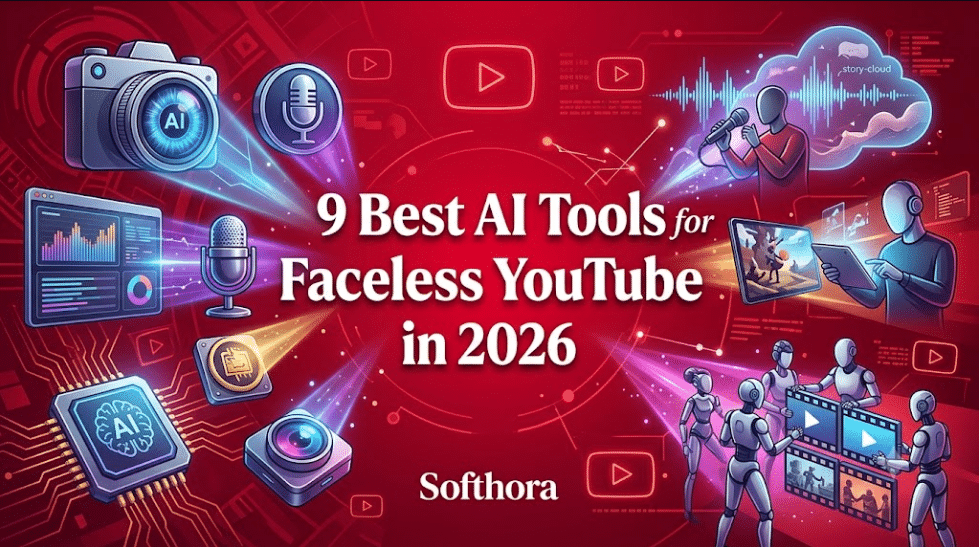 Crimson red vector infographic featuring tech tools and faceless AI creators for 9 Best AI Tools for Faceless YouTube Channels in 2026