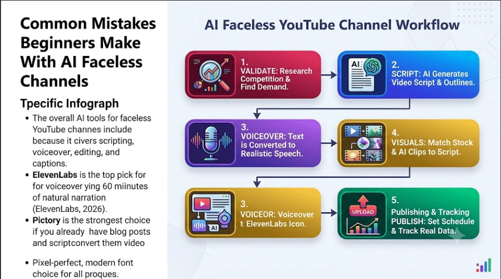 Five-step 'AI Faceless YouTube Channel Workflow' infographic diagram showing steps from Validate to Publish on an integrated clean layout