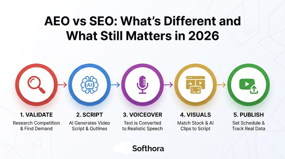 AEO vs SEO 2026 strategic workflow diagram comparing answer engine optimization and traditional search engine optimization for Softhora