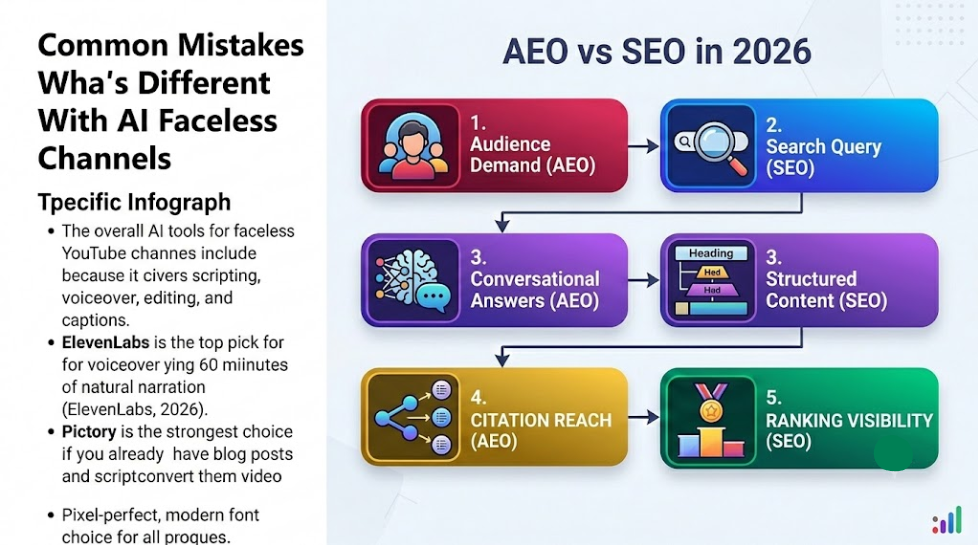 Five-step infographic diagram titled AEO vs SEO in 2026 outlining audience demand conversational answers and ranking visibility workflows