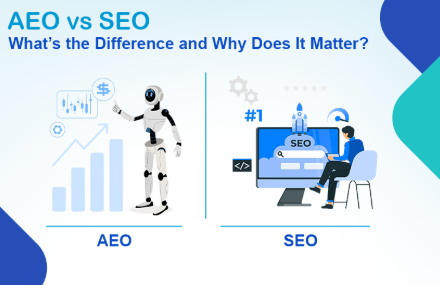 AEO vs SEO comparison chart featuring a robot assistant representing Answer Engine Optimization and a marketer at a computer representing Search Engine Optimization
