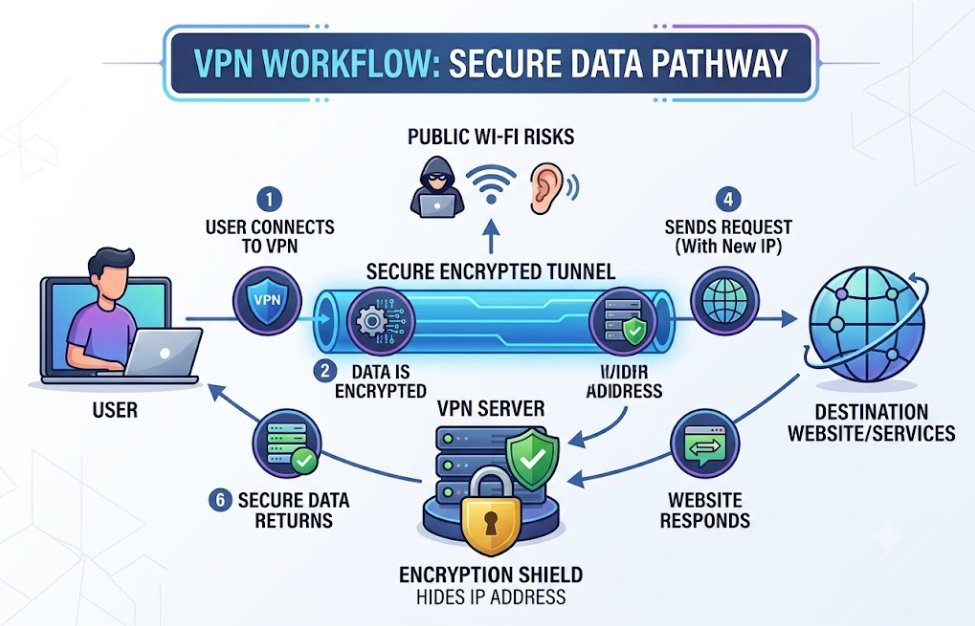 VPN workflow secure data pathway infographic highlighting encryption shield and data breach monitoring benefits for Softhora