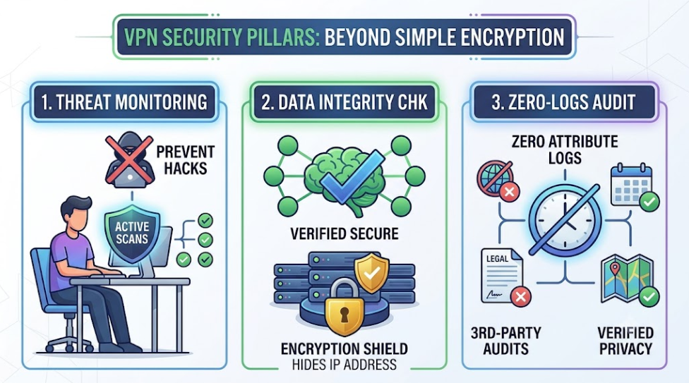 VPN security pillars infographic detailing threat monitoring, data integrity check, and zero-logs audit features for Softhora