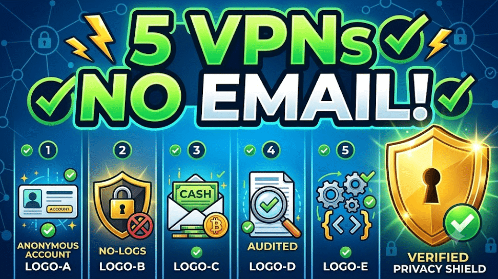 Five VPN services without email signup infographic showcasing anonymous accounts and a golden privacy shield for secure browsing