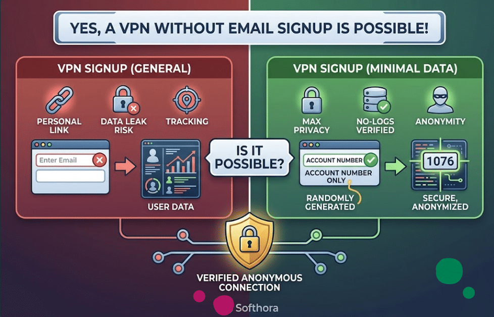 Comparison infographic showcasing standard VPN signups with data leak risks against a minimal data VPN model utilizing anonymous account numbers and a golden privacy shield for maximum verified protection.