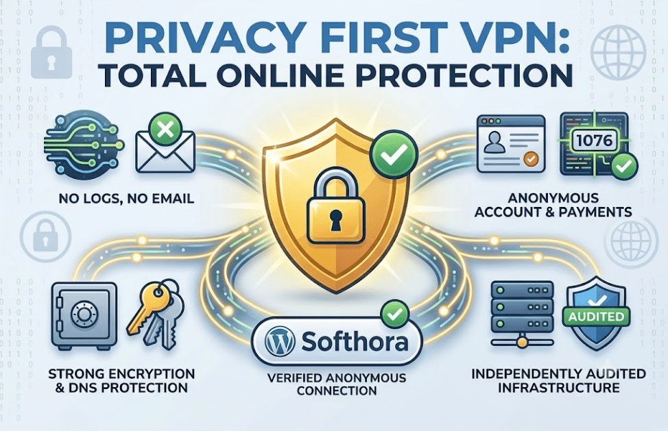 Infographic for a privacy first VPN detailing online protection features including no logs, anonymous accounts, strong encryption, and independently audited infrastructure.